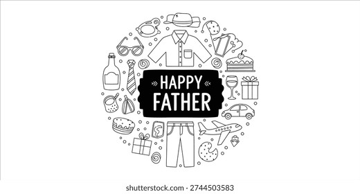 A black and white illustration of various icons surrounding 'HAPPY FATHER' text on a white background
