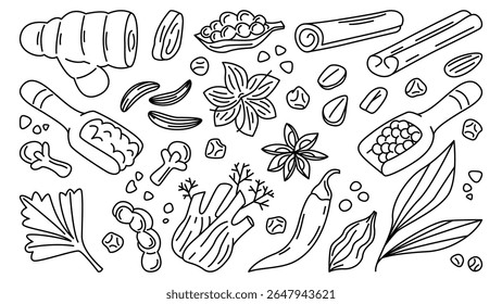 Ilustração em preto e branco de várias especiarias indianas, incluindo gengibre, funcho, cravo-da-índia, canela, pimenta, anis estrelado e pimenta.