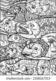 Black and white illustration of various kind of fish, close up.  Nautical vector vintage drawings, marine concept, coloring book page, t-shirt and tattoo graphic 