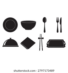 Black and white illustration of various kitchen utensils and dishware on white background
