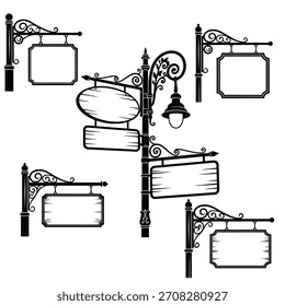 Black and white illustration of various signposts with decorative scrollwork, blank signboards, and a street lamp