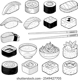 Black and white illustration of various sushi types, including nigiri, maki, and rolls, along with chopsticks, a rice bowl, wasabi, and soy sauce. Minimalistic and detailed line art.