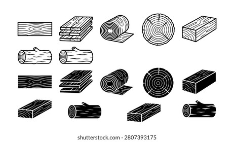 Black and white illustration of various types of wood planks and logs woodworking lumber