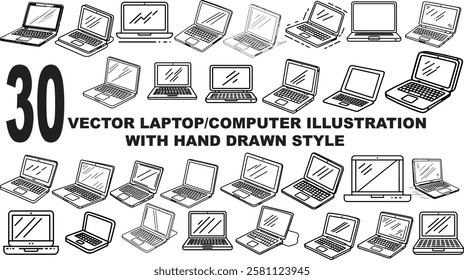 Black and white illustration vector of laptop, computer, notebook in hand drawn style for icon set