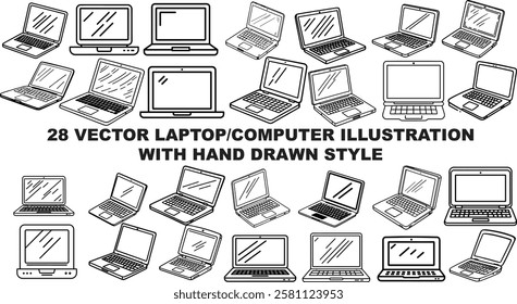 Black and white illustration vector of laptop, computer, notebook in hand drawn style for icon set