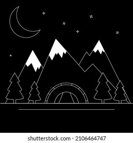 black and white illustration vector linear camp tent night mountain