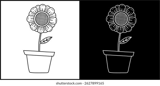 black and white illustration vector sun flower in the pot 