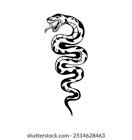 Black and white illustration of a venomous writhing snake vertical, symbolizing danger, crime, and underground tattoo culture. Snake represents power and rebellion. Vector illustration monochrome