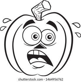Black and white illustration of a very scared jack o lantern.