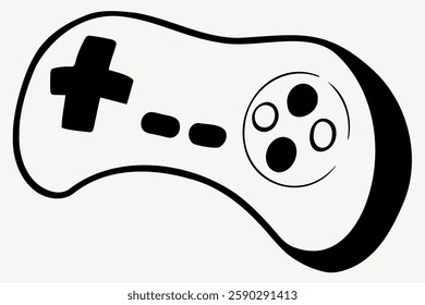 Black and white illustration of a video game controller. The controller features buttons and a cross-shaped pad. Gaming controller icon for video games. Doodle illustration vector.