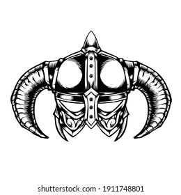 black and white illustration of viking helmet