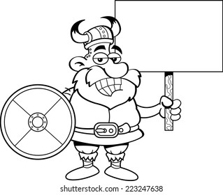 Black and white illustration of viking holding a sign and a shield.