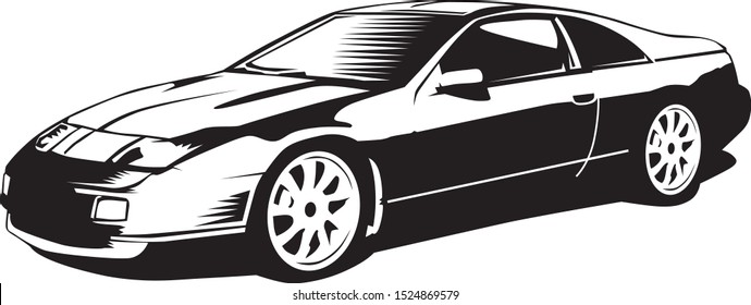 black and white illustration of a vintage 1980's car