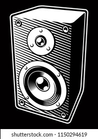 Black and white illustration of vintage audio speaker on dark background. 