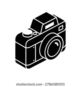 Black and white illustration of a vintage camera, showcasing a classic design with a prominent lens and detailed body, evoking nostalgia.