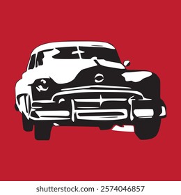 black and white illustration of a vintage car.  The background is solid red.  a simple, minimalistic design without any other elements in the image, making it stand out from the background.