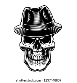 Black and white illustration of a vintage skull in hat. Isolated on the white background.