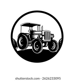 Black and white illustration of a vintage tractor inside a circular frame, with bold lines and shading, perfect for farm logo