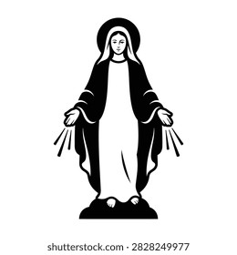 Black and white illustration of Virgin Mary statue, a religious symbol and icon of faith and spirituality.