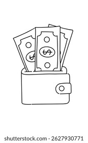 Ilustração em preto e branco uma carteira Muito dinheiro está isolado no branco. Elemento financeiro