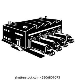 Black and white illustration of a warehouse with three trucks parked outside
