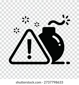 Black and white illustration of warning triangle with exclamation mark next to bomb icon and explosion symbols on transparent checkered background