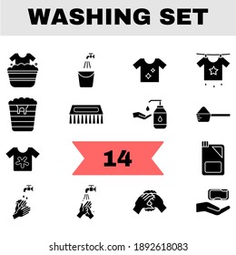 Black and White Illustration Of Washing Icon Set In Flat Style.