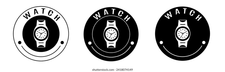 Black and white illustration of watch sign icon in flat. Stock vector.