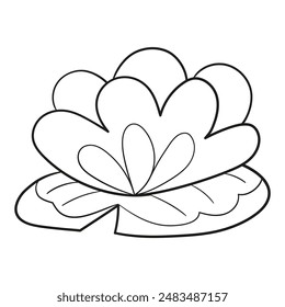 Ilustración en blanco y negro de una flor de nenúfar en una hoja, Clipart, página para colorear