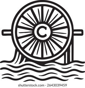 A black and white illustration of a water wheel with the letter 'C' in the center, set above stylized waves.