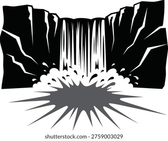 A black and white illustration of a waterfall cascading into a dark abyss with a large splash