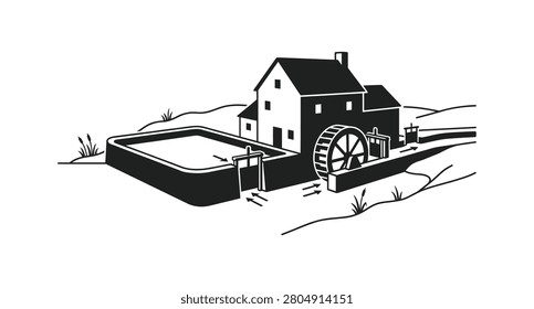A black and white illustration of a watermill with a large wheel and a house next to a square pool of water.   
