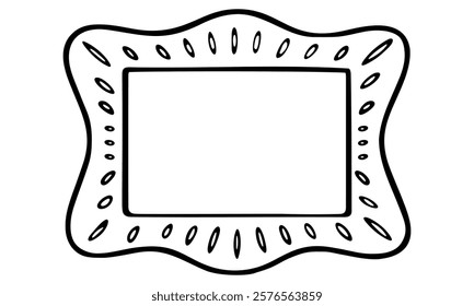Black and white illustration of wavy rectangular frame with ornate dotted details isolated on transparent background, ideal for crafts, designs, and coloring projects.