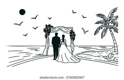 Black and white illustration of wedding couple standing on beach