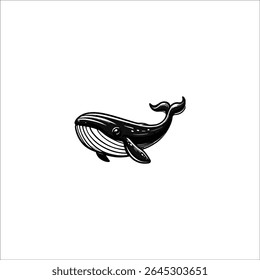 A black and white illustration of a whale swimming, isolated on a white background. The drawing captures the essence of this marine mammal.