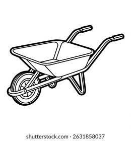 A black and white  illustration of a wheelbarrow coloring page