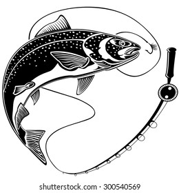 Black and white illustration of wild salmon. Vector illustration can be used for web design, cards, logos and other design. 