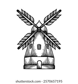 black and white illustration of a windmill with wheat