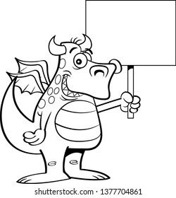 Black and white illustration of a winged dragon holding a sign.