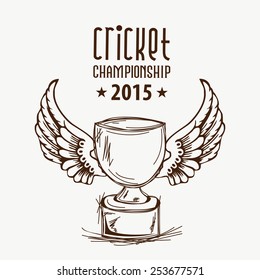 Ilustración en blanco y negro de un trofeo ganador con alas para el Campeonato de Cricket 2015.
