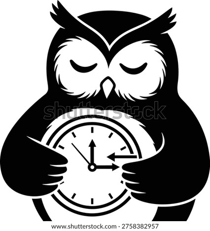 Black and white illustration of a wise owl embracing a clock, symbolizing daylight saving time adjustment