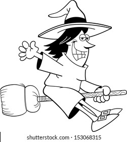 Black and white illustration of a witch flying on a broom.