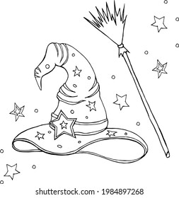 Black and white illustration of a witch hat and broomstick. Halloween set, coloring book.