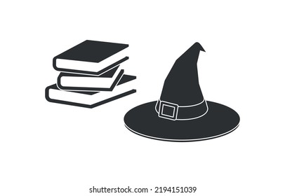 Black and white illustration of witch hat, stack of books on white background. Vector illustration. Design element for poster, banner, sticker, badge, print, postcard. Halloween symbolism.