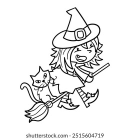 Black and white illustration of a witch holding a pumpkin flying on her broom with her cat, clipart, coloring page