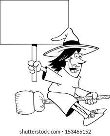 Black and white illustration of a witch on a broom holding a sign.