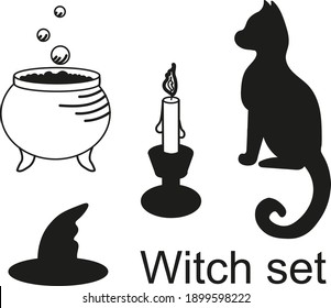 black and white illustration with witch paraphernalia. The idea of greeting cards, invitations, posters and decoration on Halloween