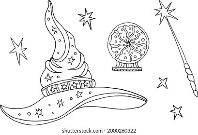Black and white illustration with wizard hat, crystal ball and magic wand. Halloween set.