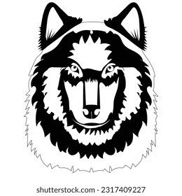 Black and white illustration of a wolf head; monochrome animal head, tribal design