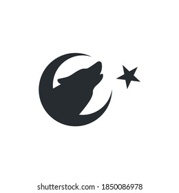 Black and white illustration of a wolf, month, star on a white background. Vector illustration for logo, emblems, stickers. Freedom symbol.